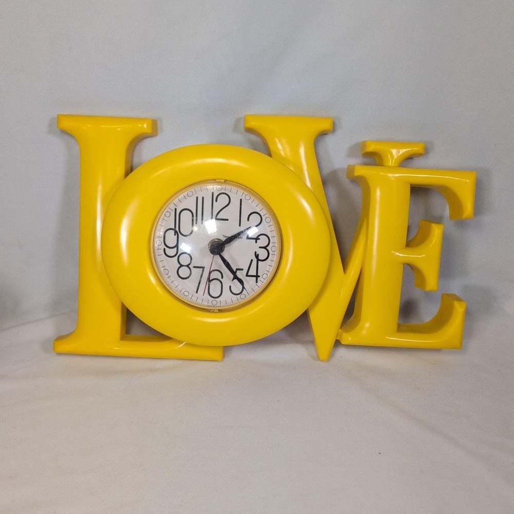 Vintage Love Yellow Plastic Wall Clock 8x16in Hippie Retro Made In USA